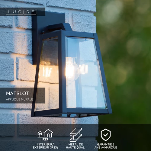 Lucide MATSLOT - Applique murale Intérieur/Extérieur - 1xE27 - IP23 - Noir - USP